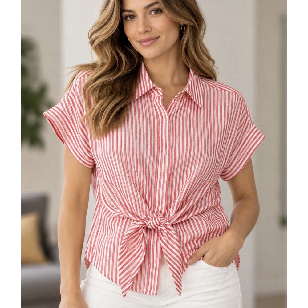 Ralph Lauren Black Label Top Womens M Cherry Striped Tie Front 100% Linen Shirt